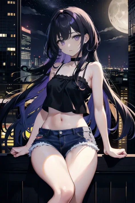(masterpiece), (best quality), ultra detailed, finely detailed color, cenematic painting, anime lady, model, ((one lady)), 20-years-old, cute face, black hair, absurdly long hair, straight hair, (violet eyes:1.2), purple eyes, standing, chocker, ((black camisole)), sleeveless, bare legs, short jeans, emotionless, slender body, small chest, urban, moon, moonlight, rooftop, city, night