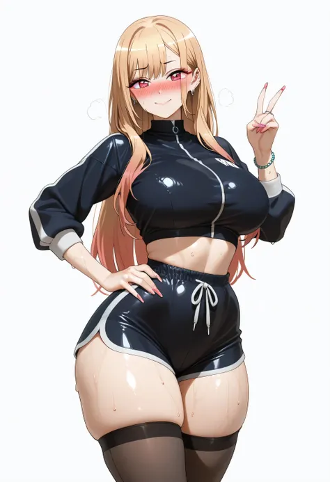 Masterpiece, Highest Quality, Ultra High Resolution, 8K Ultra HD,,marin kitagawa, marin kitagawa, long hair, bangs, blonde hair, red eyes, multicolored hair, pink hair, wearing a tight black crop top that accentuates a curvy, voluptuous body, paired with d...