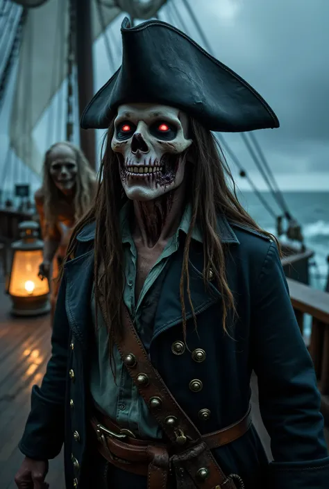 Realistic mid close-up of a terrifying pirate captain standing on the deck of a black ship at sea. The captain is half-human, half-zombie, with decaying skin, exposed bone, glowing undead eyes, and long tangled hair under a weathered tricorn hat. He wears ...