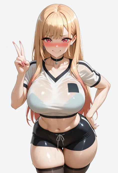 Masterpiece, Highest Quality, Ultra High Resolution, 8K Ultra HD,,marin kitagawa, marin kitagawa, long hair, bangs, blonde hair, red eyes, multicolored hair, pink hair, wearing a tight black crop top that accentuates a curvy, voluptuous body, paired with d...