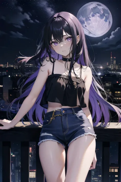 (masterpiece), (best quality), ultra detailed, finely detailed color, cenematic painting, anime lady, model, ((one lady)), 20-years-old, cute face, black hair, absurdly long hair, straight hair, (violet eyes:1.2), purple eyes, standing, chocker, ((black camisole)), sleeveless, bare legs, short jeans, emotionless, slender body, small chest, urban, moon, moonlight, rooftop, city, night