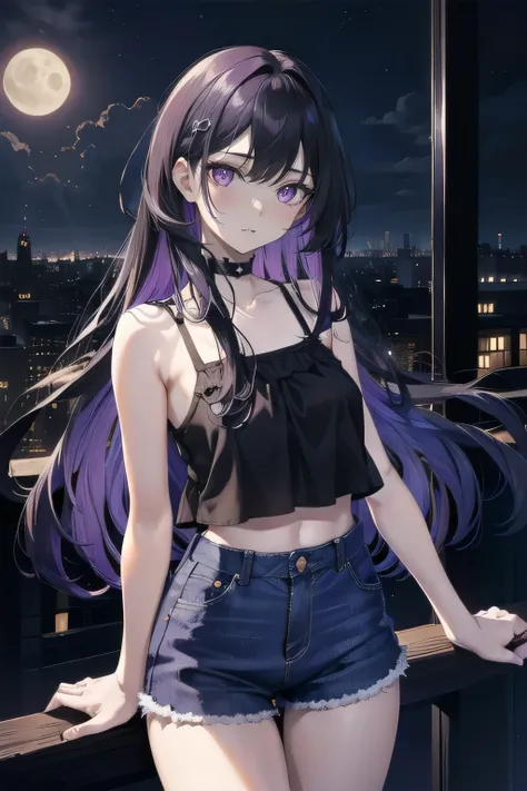 (masterpiece), (best quality), ultra detailed, finely detailed color, cenematic painting, anime lady, model, ((one lady)), 20-years-old, cute face, black hair, absurdly long hair, straight hair, (violet eyes:1.2), purple eyes, standing, chocker, ((black camisole)), sleeveless, bare legs, short jeans, emotionless, slender body, small chest, urban, moon, moonlight, rooftop, city, night