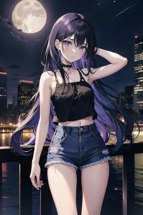 (masterpiece), (best quality), ultra detailed, finely detailed color, cenematic painting, anime lady, model, ((one lady)), 20-years-old, cute face, black hair, absurdly long hair, straight hair, (violet eyes:1.2), purple eyes, standing, chocker, ((black camisole)), sleeveless, bare legs, short jeans, emotionless, slender body, small chest, urban, moon, moonlight, rooftop, city, night