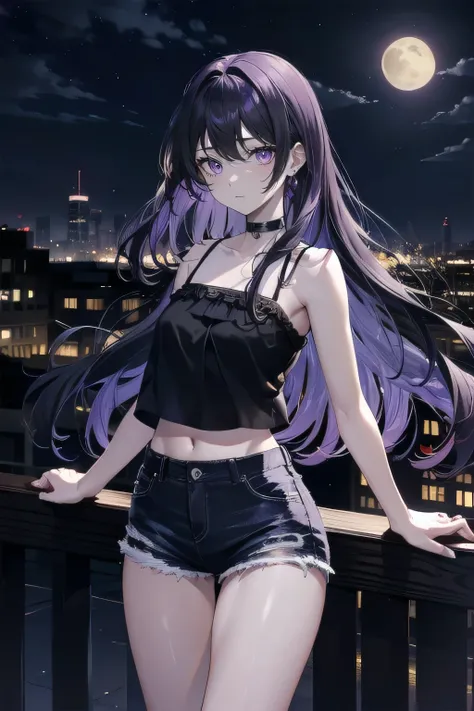 (masterpiece), (best quality), ultra detailed, finely detailed color, cenematic painting, anime lady, model, ((one lady)), 20-years-old, cute face, black hair, absurdly long hair, straight hair, (violet eyes:1.2), purple eyes, standing, chocker, ((black camisole)), sleeveless, bare legs, short jeans, emotionless, slender body, small chest, urban, moon, moonlight, rooftop, city, night