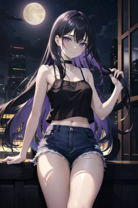(masterpiece), (best quality), ultra detailed, finely detailed color, cenematic painting, anime lady, model, ((one lady)), 20-years-old, cute face, black hair, absurdly long hair, straight hair, (violet eyes:1.2), purple eyes, standing, chocker, ((black camisole)), sleeveless, bare legs, short jeans, emotionless, slender body, small chest, urban, moon, moonlight, rooftop, city, night