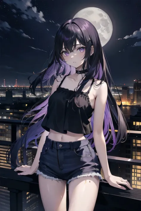 (masterpiece), (best quality), ultra detailed, finely detailed color, cenematic painting, anime lady, model, ((one lady)), 20-years-old, cute face, black hair, absurdly long hair, straight hair, (violet eyes:1.2), purple eyes, standing, chocker, ((black camisole)), sleeveless, bare legs, short jeans, emotionless, slender body, small chest, urban, moon, moonlight, rooftop, city, night