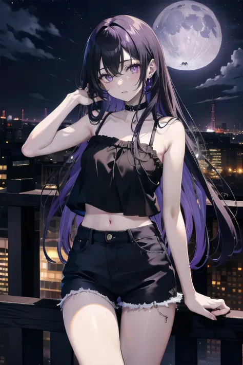 (masterpiece), (best quality), ultra detailed, finely detailed color, cenematic painting, anime lady, model, ((one lady)), 20-years-old, cute face, black hair, absurdly long hair, straight hair, (violet eyes:1.2), purple eyes, standing, chocker, ((black camisole)), sleeveless, bare legs, short jeans, emotionless, slender body, small chest, urban, moon, moonlight, rooftop, city, night