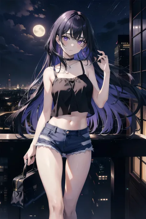 (masterpiece), (best quality), ultra detailed, finely detailed color, cenematic painting, anime lady, model, ((one lady)), 20-years-old, cute face, black hair, absurdly long hair, straight hair, (violet eyes:1.2), purple eyes, standing, chocker, ((black camisole)), sleeveless, bare legs, short jeans, emotionless, slender body, small chest, urban, moon, moonlight, rooftop, city, night