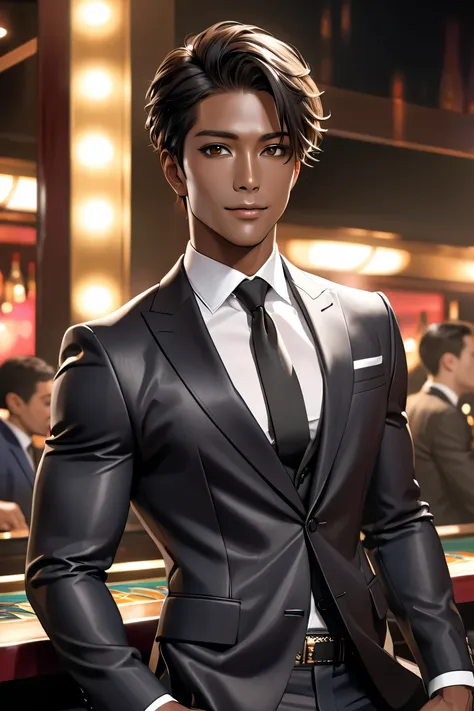 high quality, detailed, photo Realistic, darkskin japanese night club host, (detailed brown eyes), abs, (dark brown face and skin),suits, black short hair, (smile:0.7),