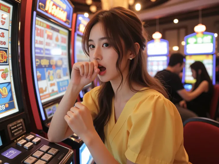 beautiful girl, Very beautiful, เด็กสาวOne person, Left Hand Tight Fist, Winning the Luck, student, Left Hand Raised, Nail biting, Open your mouth, angry gesture, One person, หน้าIt's shiny.,pretty as fairies, messy hair , Inside the Poyette Casino, S...