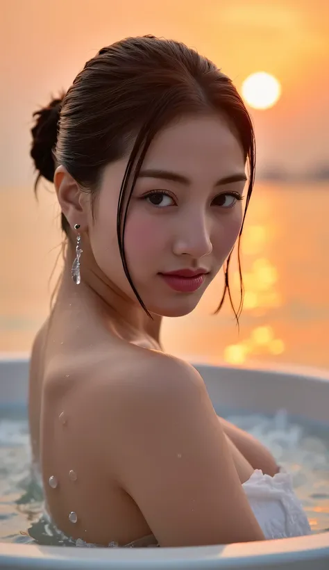 High Quality Hot Spring Magazine Cover,Side angle photo of a beautiful woman wrapped in steam,Figure soaking up to the shoulders, beautiful posture、An elegant hairstyle with black hair tied loosely tied up,Perfect Proportions,soft smile,(not wearing anythi...