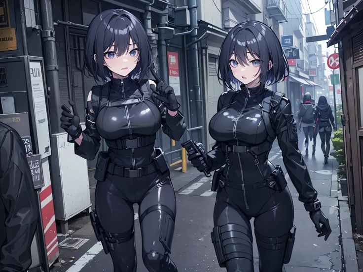((best quality)), ((masterpiece)), (detailed), anime girl gesture, walking, (looking away), shy look, short black hair, big breasts, sexy, ,ojos detaileds, ojos azules, (((pale skin))), tactical hip covers, chest harness , ((battlesuit tight black)) ((bl...