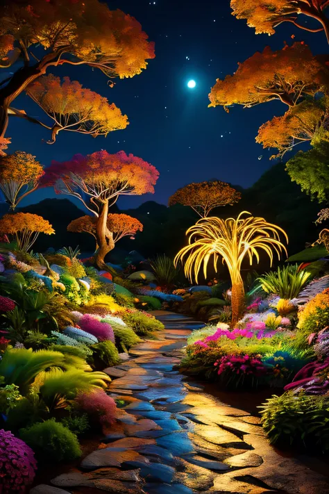 (best quality, master of peace: 1.3), (Hyperdetailed, hyperrealistic color: 1.5), A cosmic garden of exotic flora and alien fauna.. At night the landscape is illuminated by bioluminescence., perfect composition, Better exposure, (golden ratio: 1.2), 8K, hd...