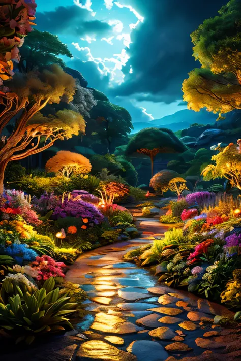 (best quality, master of peace: 1.3), (Hyperdetailed, hyperrealistic color: 1.5), A cosmic garden of exotic flora and alien fauna.. At night the landscape is illuminated by bioluminescence., perfect composition, Better exposure, (golden ratio: 1.2), 8K, hd...