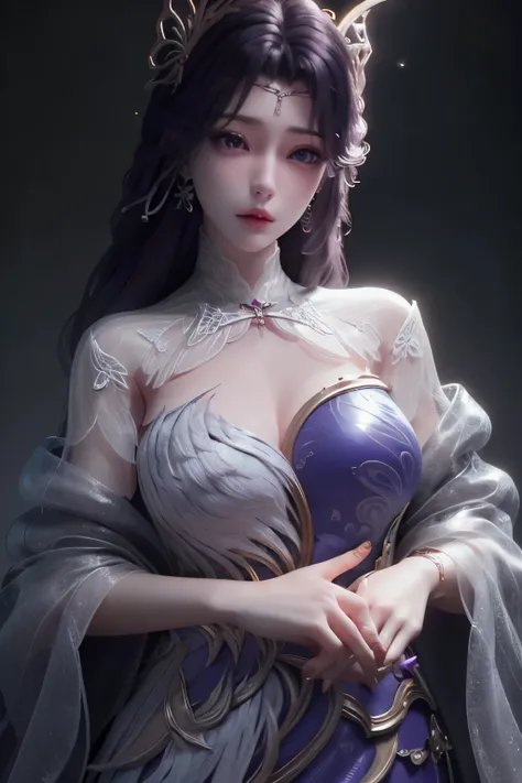 breathtaking yunxi,1girl,dress,hair ornament,long hair,solo,jewelry,amethyst earrings,(white background:1.3),earrings,purple dress,purple hair,see-through,butterfly, . award-winning, professional, highly detailed, best quality , masterpiece, illustration, ...