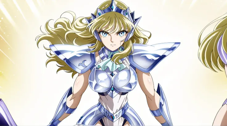 score 9 , score 8 up, score 7 up, source anime, anime coloring, 1girl, mii, girl is wearing a white leotard outfit, zodiac girl knight, , Portrait of a Zodiac girl Knight, long hair, blonde hair, blue eyes, french braid, crown braid, toned body, muscular g...