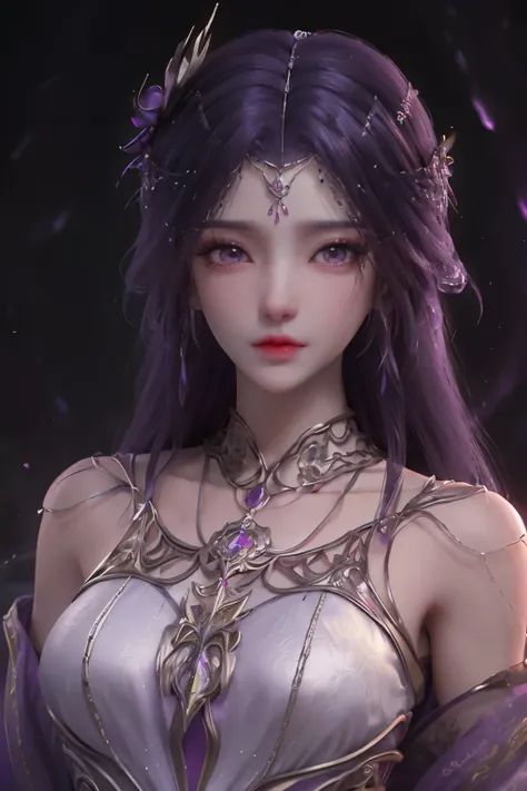 breathtaking yunxi,1girl,solo,hair ornament,purple hair,long hair,jewelry,dress,upper body,magic,purple dress,bare shoulders,earrings,bracelet,backlighting,beautiful detailed eyes,Very detailed eyes,night,magic,Purple flame,Luminous background,Glowing hair...