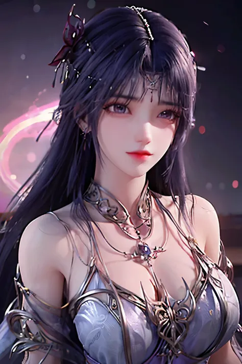 breathtaking yunxi,1girl,solo,hair ornament,purple hair,long hair,jewelry,dress,upper body,magic,purple dress,bare shoulders,earrings,bracelet,backlighting,beautiful detailed eyes,Very detailed eyes,night,magic,Purple flame,Luminous background,Glowing hair...