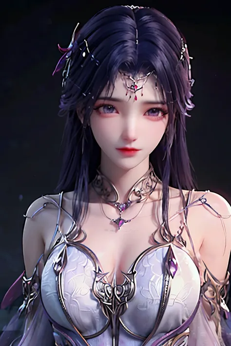 breathtaking yunxi,1girl,solo,hair ornament,purple hair,long hair,jewelry,dress,upper body,magic,purple dress,bare shoulders,earrings,bracelet,backlighting,beautiful detailed eyes,Very detailed eyes,night,magic,Purple flame,Luminous background,Glowing hair...