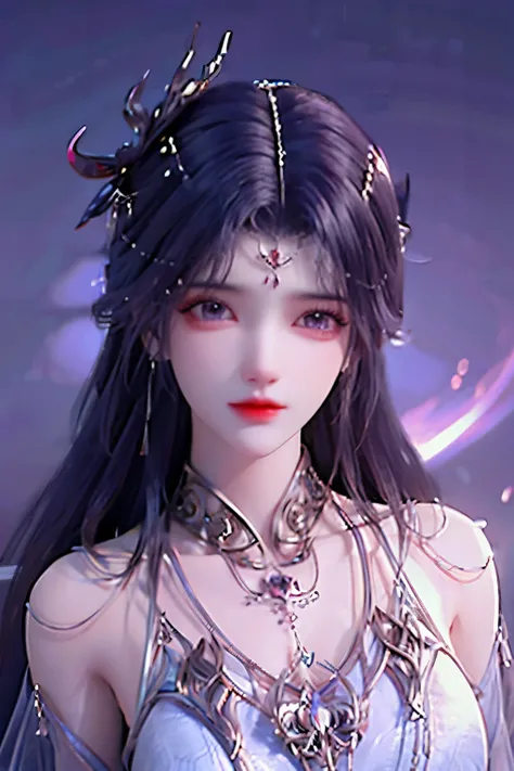 breathtaking yunxi,1girl,solo,hair ornament,purple hair,long hair,jewelry,dress,upper body,magic,purple dress,bare shoulders,earrings,bracelet,backlighting,beautiful detailed eyes,Very detailed eyes,night,magic,Purple flame,Luminous background,Glowing hair...