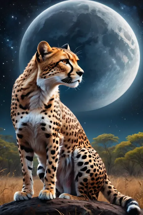 Draw a savannah landscape under the moon,A cheetah looking up at the sky,cheetah is female,This is a scene that rose from the depths of sadness and despair.,The theme is "A night of sad and beautiful memories",Match the overall atmosphere of the painting t...