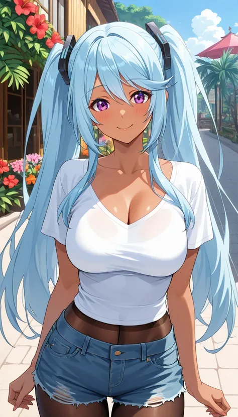 score_9, score_8_up, score_7_up, source_anime top quality、8k、masterpiece、natural light、high accuracy、perfect anatomy、One woman、Mature Woman、medium chest, sagging breasts:1.5, glamorous figure、epsilon, long hair, twintails, blue hair, purple eyes, sidelocks...