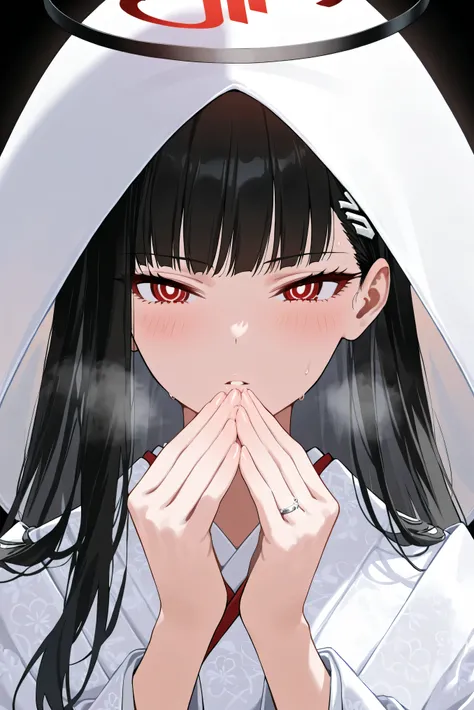 score_9, score_8_up, score_7_up, masterpiece, best quality, very aesthetic, absurdres, tunning image, attractive image, solo, 1girl, adult grown woman, rio, black hair, red eyes, hair ornament, hairclip, halo, long hair, heavy breathing, masterpiece,best q...
