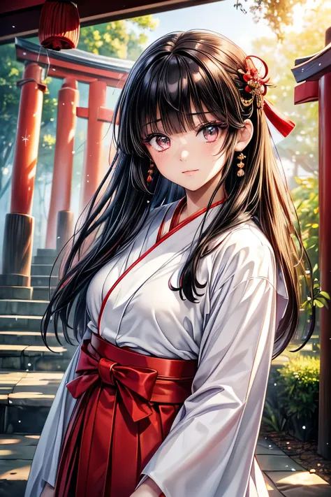 1girl, (Baby face), (cute:1.2), 

((shrine maiden costume : (white coat) + (wide sleeve) + (long sleeve) + (floor-length hakama) + ((red hakama:1.3)) + (traditional Japanese shrine maiden costume) + (Clothing details)):1.3), 

((black hair:1.2), (Straight ...