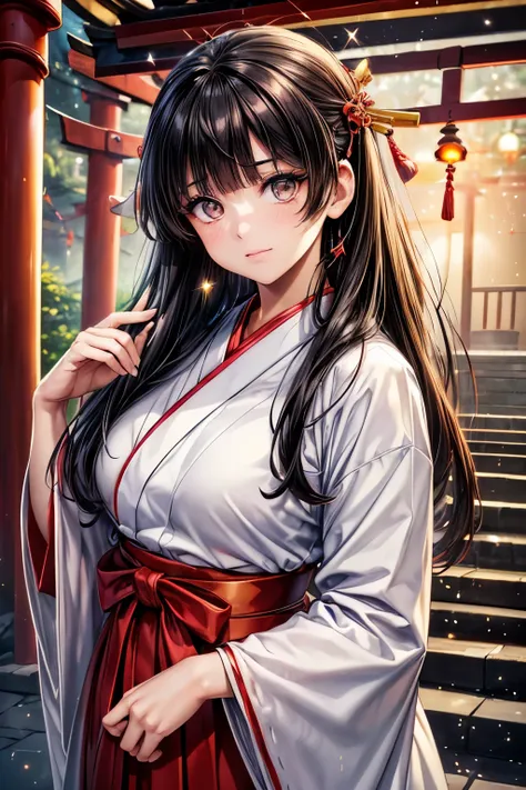 1girl, (Baby face), (cute:1.2), 

((shrine maiden costume : (white coat) + (wide sleeve) + (long sleeve) + (floor-length hakama) + ((red hakama:1.3)) + (traditional Japanese shrine maiden costume) + (Clothing details)):1.3), 

((black hair:1.2), (Straight ...