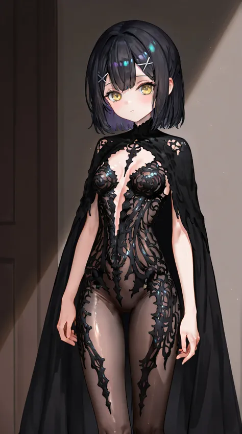 1girl,Miyu Edelfelt,solo,brown eyes,black hair,x hair ornament,small breasts,chronopatterndress,slim legs,chronopattern dress,cape,bodystocking,masterpiece,best quality,newest,highres,absurdres,very awa,shiny skin,(artist:loika:0.5),(artist:xiaoshou xiansh...