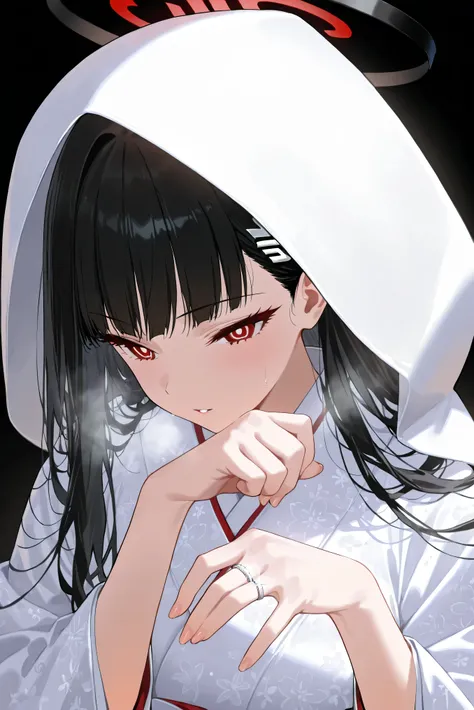 score_9, score_8_up, score_7_up, masterpiece, best quality, very aesthetic, absurdres, tunning image, attractive image, solo, 1girl, adult grown woman, rio, black hair, red eyes, hair ornament, hairclip, halo, long hair, heavy breathing, masterpiece,best q...
