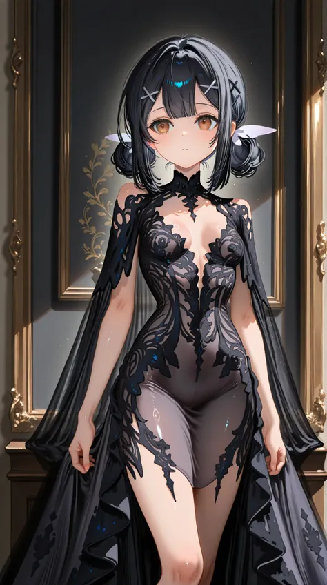 1girl,Miyu Edelfelt,solo,brown eyes,black hair,x hair ornament,small breasts,chronopattern dress,slim legs,masterpiece,best quality,newest,highres,absurdres,very awa,shiny skin,(artist:loika:0.5),(artist:xiaoshou xiansheng:0.8),artist:rin31153336,artist:ga...