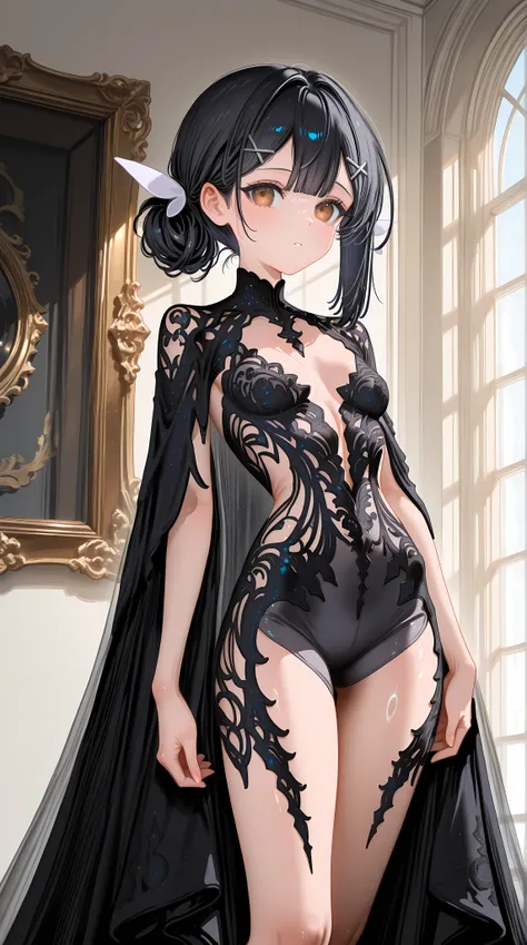 1girl,Miyu Edelfelt,solo,brown eyes,black hair,x hair ornament,small breasts,chronopattern dress,slim legs,masterpiece,best quality,newest,highres,absurdres,very awa,shiny skin,(artist:loika:0.5),(artist:xiaoshou xiansheng:0.8),artist:rin31153336,artist:ga...
