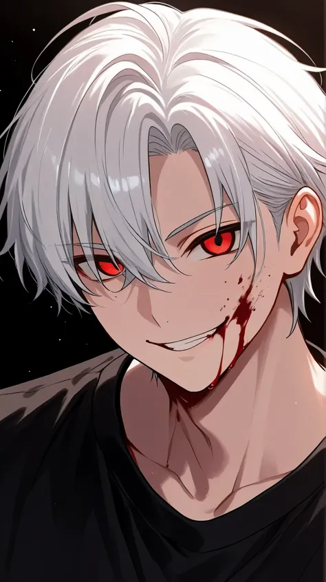 men white short hair red eyes black clothes evil smile have blood in face
