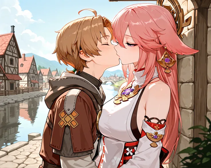 Love couple, older woman with younger man, Rudeus Greyrat and Yae Miko, medieval town and river, kissing each other, masterpiece, best quality, High resolution