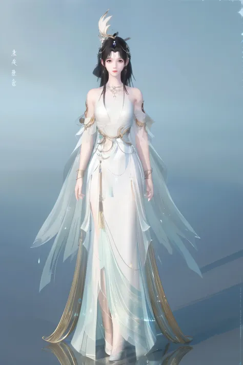 Create a majestic and graceful female fantasy character, tall in stature with long, flowing silver hair. The character is adorned in dark, intricate robes embellished with silver armor and celestial motifs. They hold two gleaming, elegant swords, poised as...