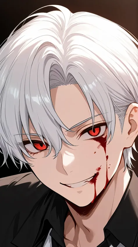 men white short hair red eyes black clothes evil smile have blood in face
