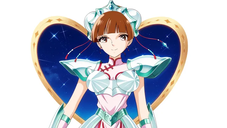 score 9 , score 8 up, score 7 up, source anime, anime coloring, 1girl, Xiaoling, girl is wearing a white china dress outfit, zodiac girl knight, , Portrait of a Zodiac girl Knight, brown hair, hair ornament, short hair, brown eyes, blunt bangs, hair bun, d...