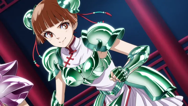 score 9 , score 8 up, score 7 up, source anime, anime coloring, 1girl, Xiaoling, girl is wearing a white china dress outfit, zodiac girl knight, , Portrait of a Zodiac girl Knight, brown hair, hair ornament, short hair, brown eyes, blunt bangs, hair bun, d...