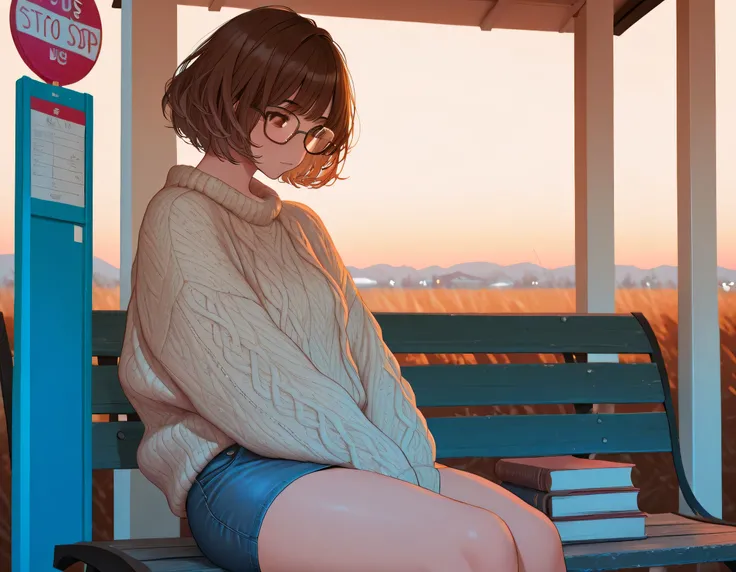 a cute nerdy girl, wearing a big sweater, thick-rimmed glasses, messy brown short hair, denim skirt, highly detailed, masterpiece, vibrant colors, warm lighting, wool sweater with delicate stitching, natural hair strands, sitting outside on a bench at a bu...