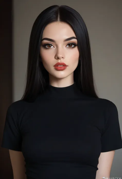 (perfect face), black hair, ((hime haircut)), black eyebrows, (thin eyebrows), brown eyes, black eyeliners, nose, lips, red thick lips, parted lips, (beautiful), medium breasts, shirt, black shirt, (looking at viewer), arms behind back
