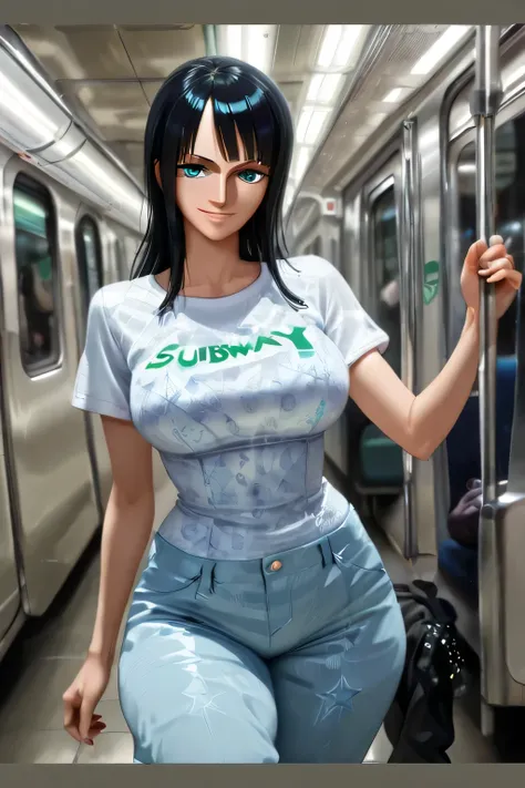 NICO  ROBIN  black  hair,smile, blue eyes,((subway)), undressing,underwear,seductive, modeling, thick thighs ,((perfect eyes:1.19)), ((subway:1.09)),completed 120%,((Stylish T-shirt and fashion dress baggy pants))


