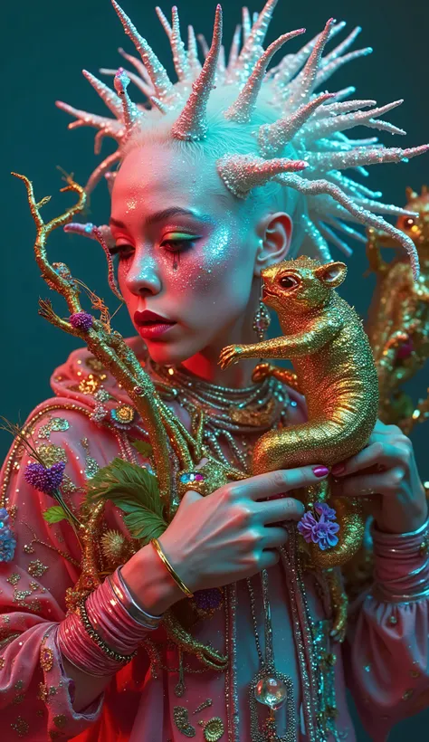 Strange and sinister African human albinos, with exotic predatory animals, friendly caress the beasts. hyperrealistic artist, inst ax, playful performance art, atmospheric installations, iconic fashion, colorful costumes, Supercolor Intense, solar punk. Co...