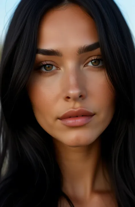 best quality , beautiful , 23-year-old woman , long black hair , eyes black , portrait of a face , round nose  ,  detailed face with freckles  , hyperrealistic ,  portrait studio  , natural light , perfect shadows , landscape background