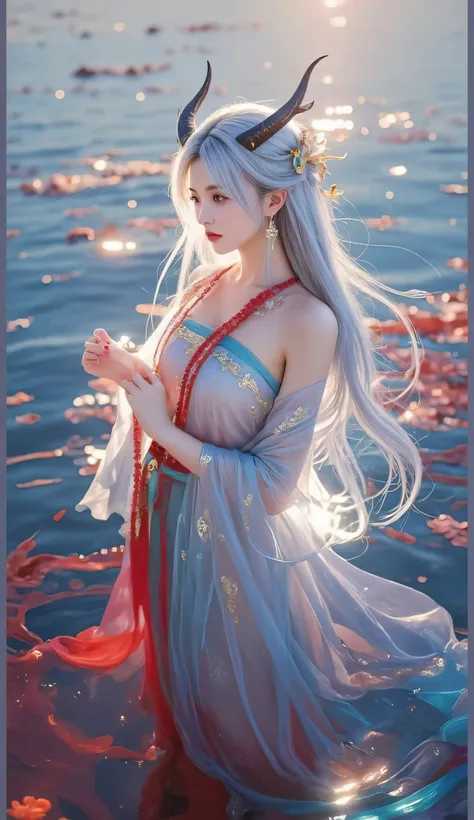A stunning ethereal dragon princess with long silver-white hair and graceful horns, standing waist-deep in a glowing magical ocean at sunset. She wears a translucent flowing robe in shades of icy blue and crimson, adorned with gold ornaments and holding a ...