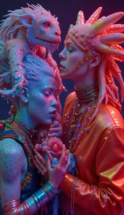 Strange and sinister African human albinos, with exotic predatory animals, friendly caress the beasts. hyperrealistic artist, inst ax, playful performance art, atmospheric installations, iconic fashion, colorful costumes, Supercolor Intense, solar punk. Co...