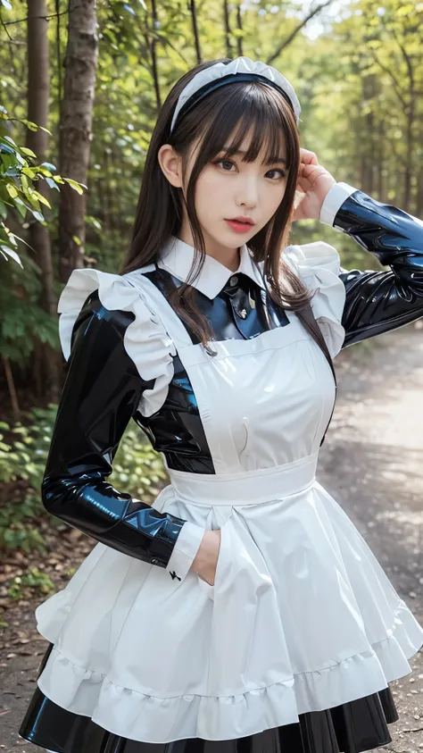 portrait,((Picture of a woman wrapped in a maid dress made of shiny latex)),(masterpiece, Best Quality , ultra fine),Highly detailed CG,(Eye makeup for long eyelashes),(( very beautiful Japanese women)),((latex maid headband)),((Shiny black latex long slee...