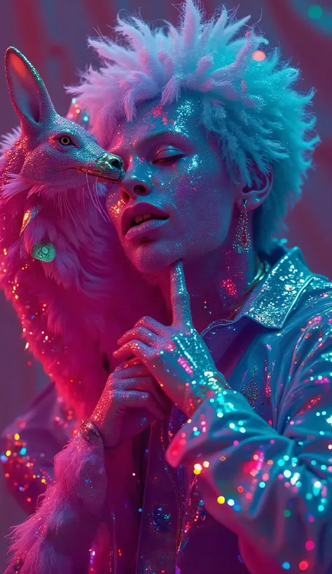 Strange and sinister African human albinos, with exotic predatory animals, friendly caress the beasts. hyperrealistic artist, inst ax, playful performance art, atmospheric installations, iconic fashion, colorful costumes, Supercolor Intense, solar punk. Co...