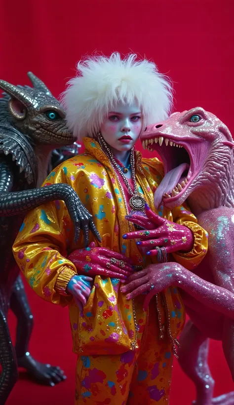 Strange and sinister African human albinos, with exotic predatory animals, friendly caress the beasts. hyperrealistic artist, inst ax, playful performance art, atmospheric installations, iconic fashion, colorful costumes, Supercolor Intense, solar punk. Co...