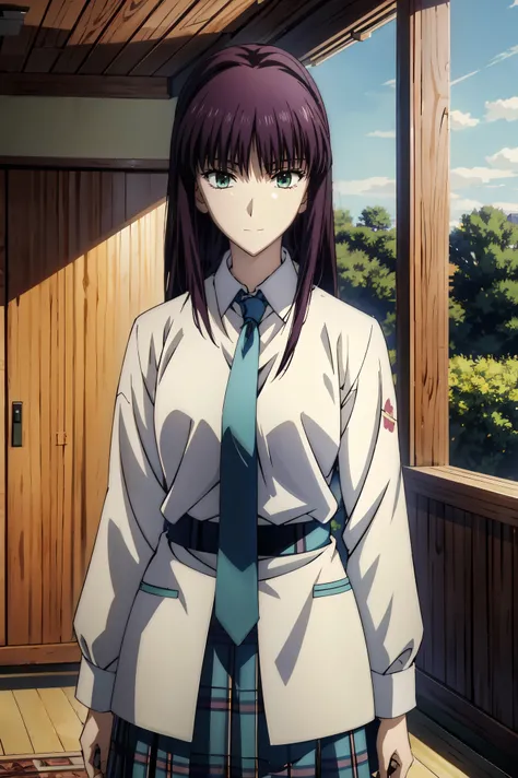 plaid skirt,(((high school students))),girl in uniform,jewel-like eyes, 超 high image quality, ((( green eyes))),赤 purple hair behind closed doors, beautifulアニメ高校の女の子,( masterpiece:1.2, 最 high quality ), ( exists, photo exists:1.4), beautifulイラスト, ( natura...